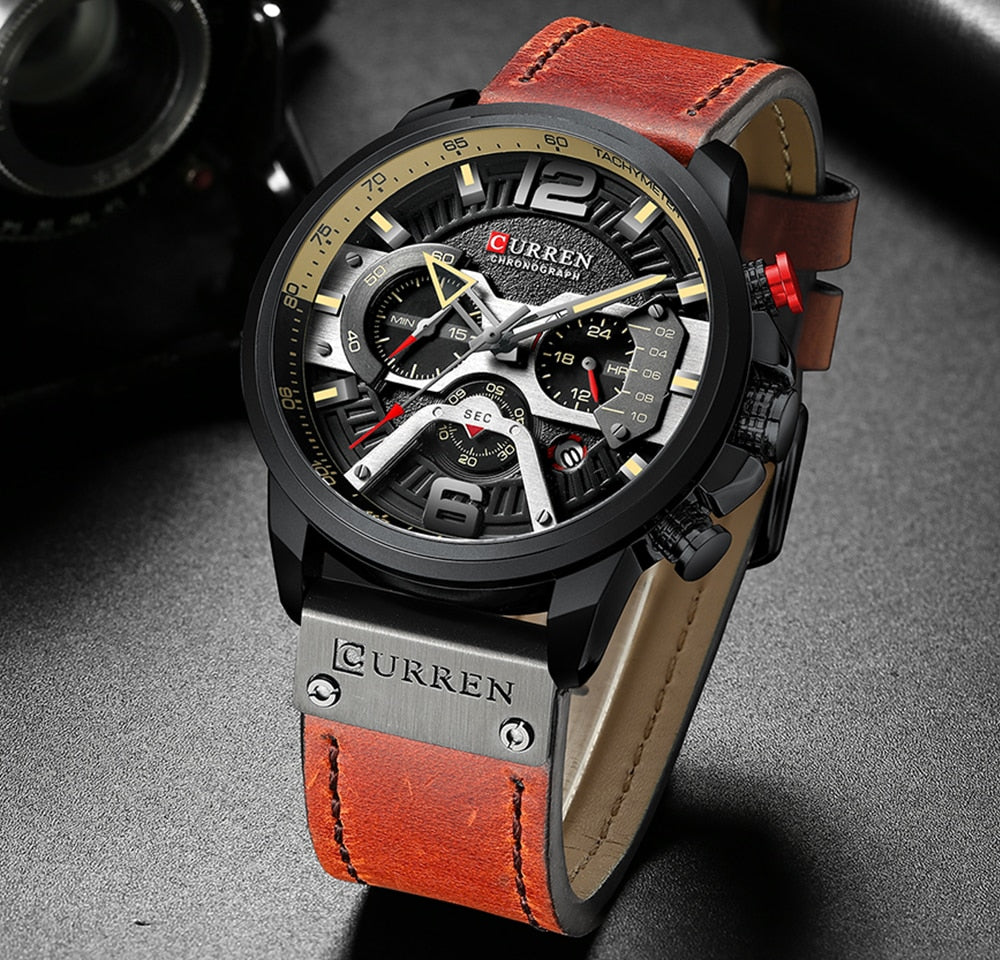 military leather chronograph wristwatch