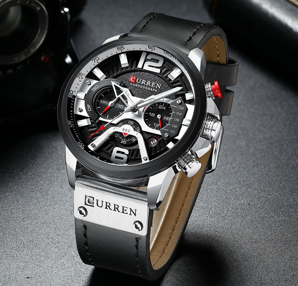 military leather chronograph wristwatch
