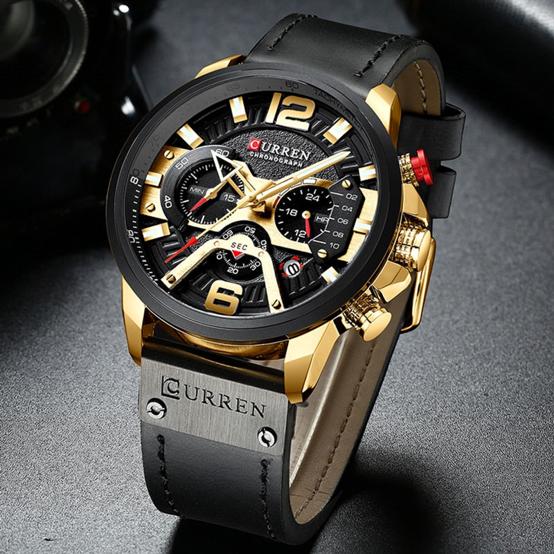 military leather chronograph wristwatch