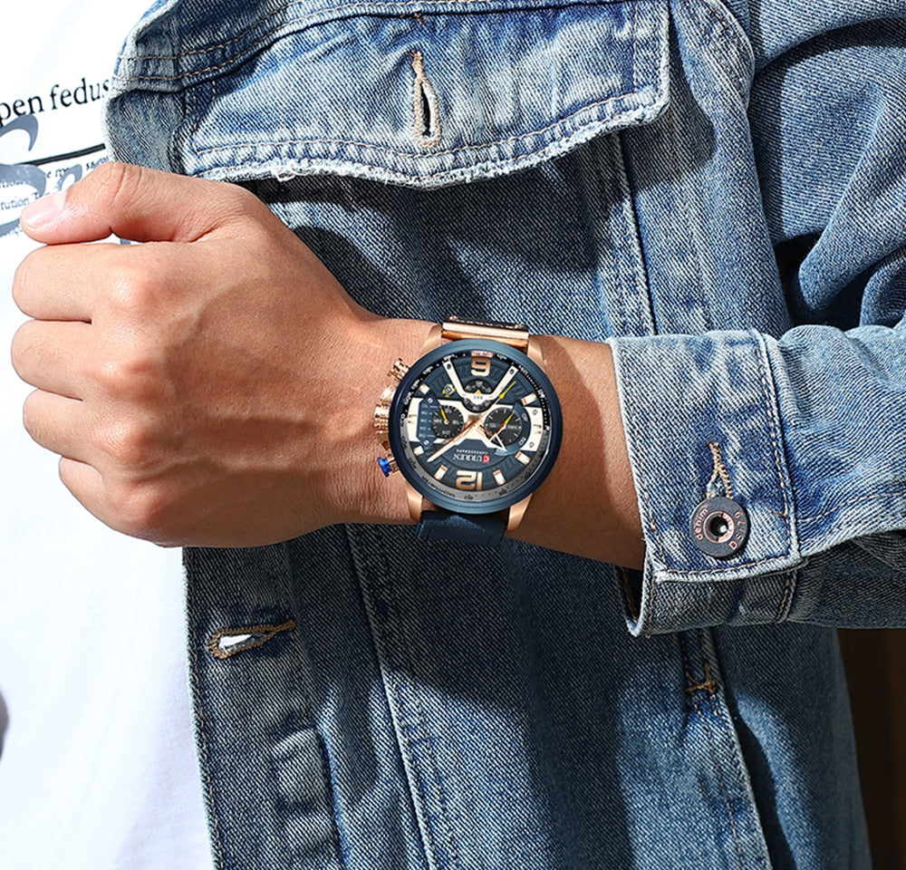 military leather chronograph wristwatch