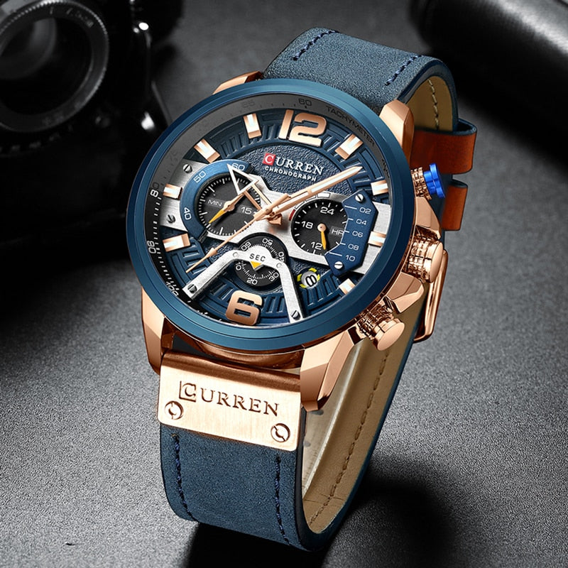 military leather chronograph wristwatch