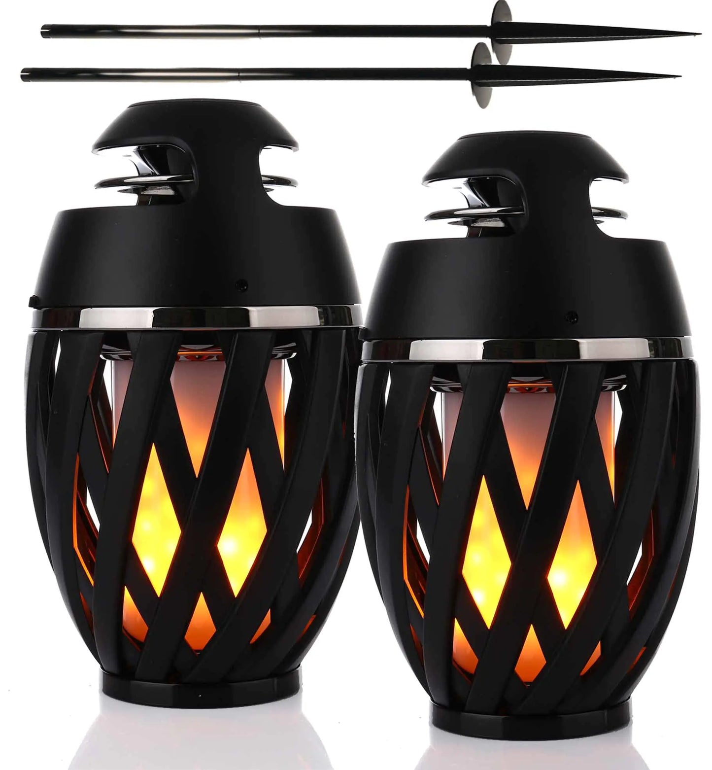2-pack outdoor tws led flame speaker with 5-foot poles bluetooth 5.0 tiki torch atmosphere lamp water resistant party mode 5-hour playtime easy install portable